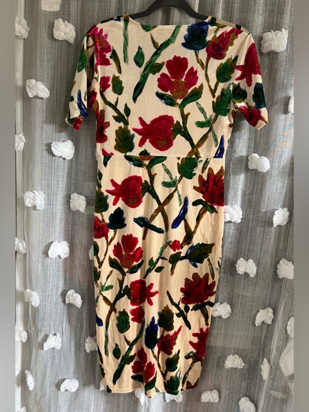 Zara Floral Wrap-Front Midi Dress in Cream with Red & Green velvet Print - Picture 2 of 4
